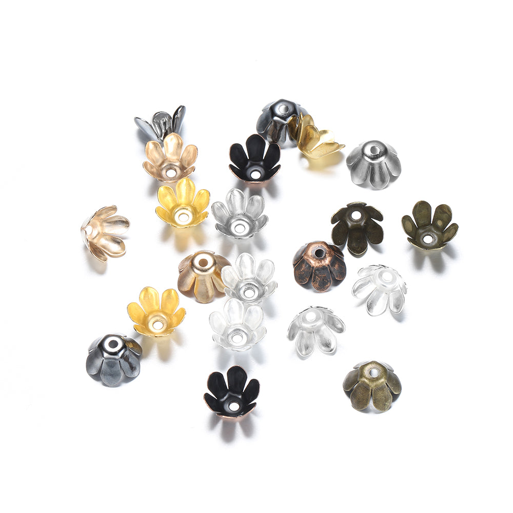 Gold Bronze 6-Leaf Flower Bead Caps, 50pcs