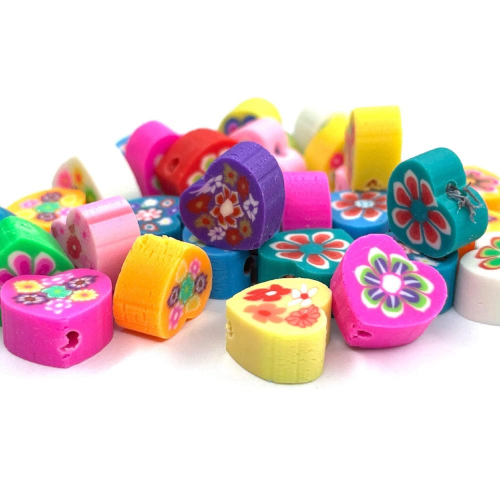 10mm Flat Heart Shape Clay beads, Rainbow Polymer Clay Beads, Tiny Mixed beads, Handmade beads for kids 30pcs