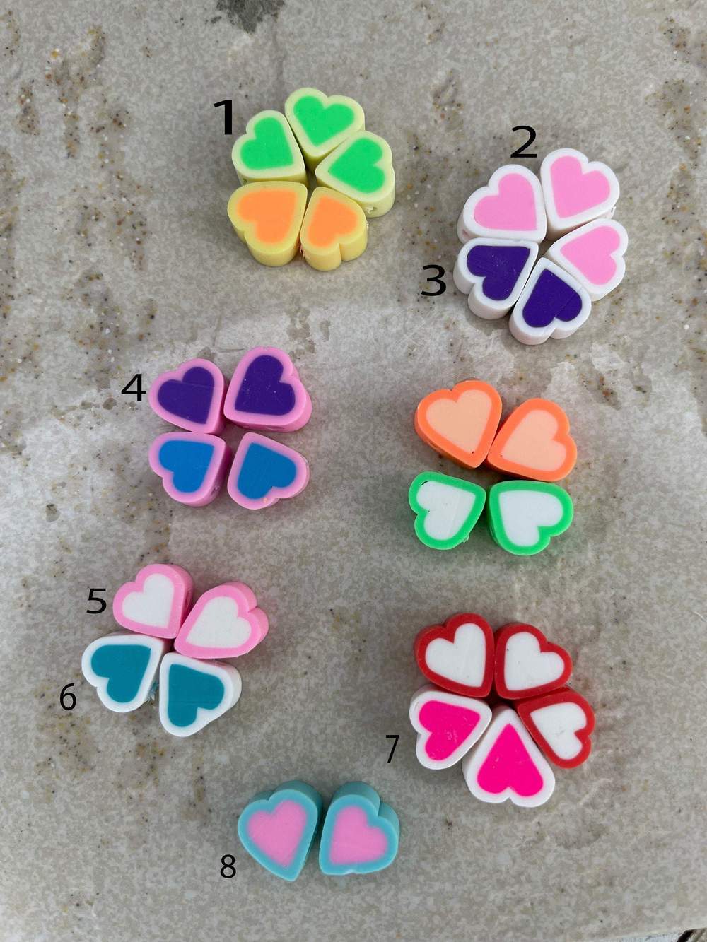 10mm Flat Heart Shape Clay beads, Rainbow Polymer Clay Beads, Tiny Red Blue Red White Pink Yellow beads, Handmade beads for kids 30pcs