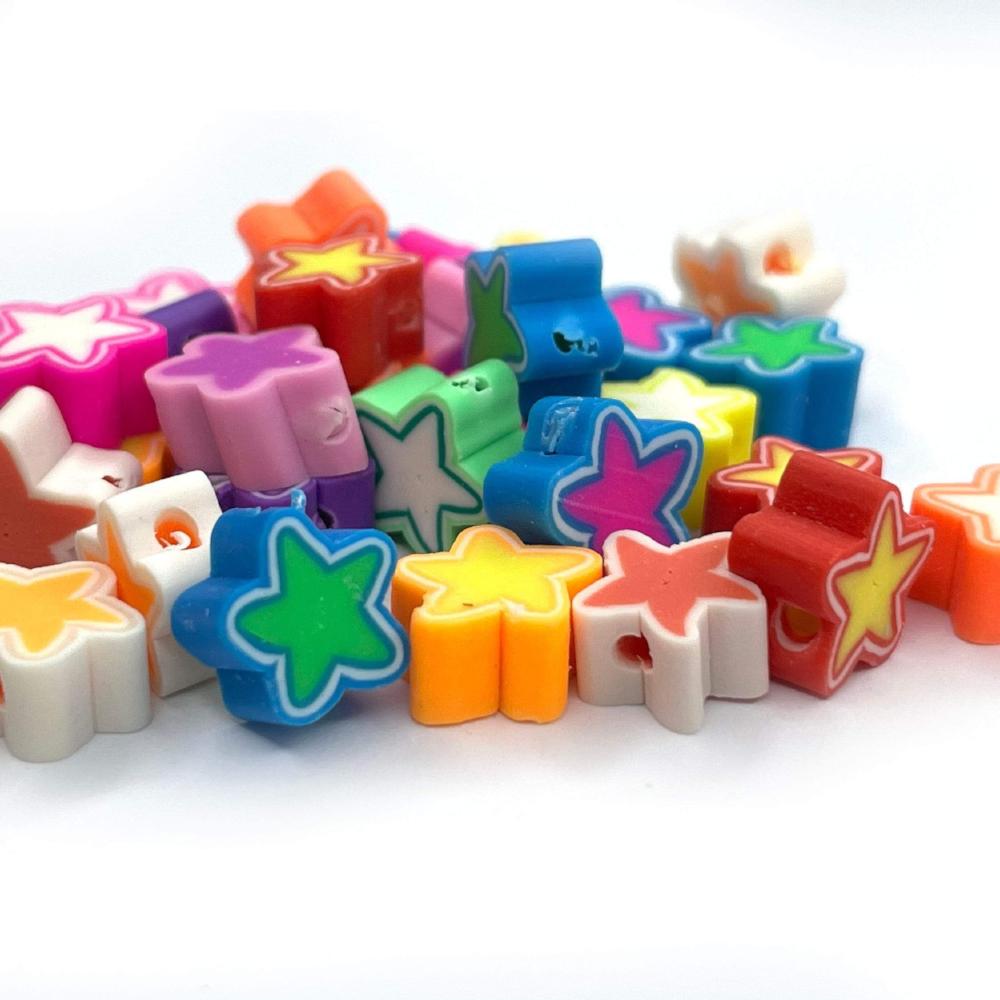 10mm Flat Star Shape Clay beads, Rainbow Polymer Clay Beads, Tiny Mixed beads, Handmade beads for kids 30pcs
