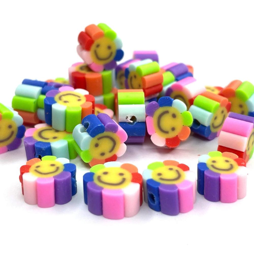10mm Black Multicolored Smiley Face Round Beads, Multicolored