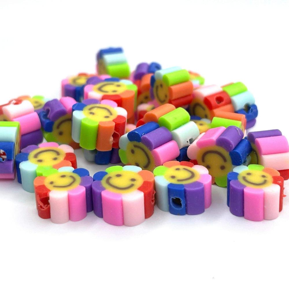 10mm Sunflower Smile Face Clay beads, Rainbow Polymer Clay Beads, Tiny Flat round beads, Handmade beads for kids 30pcs