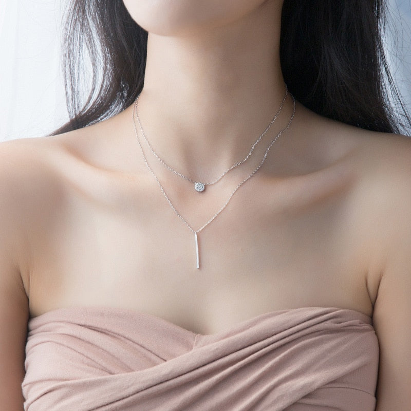 Silver Zircon Disc Geometric Pendant Necklace