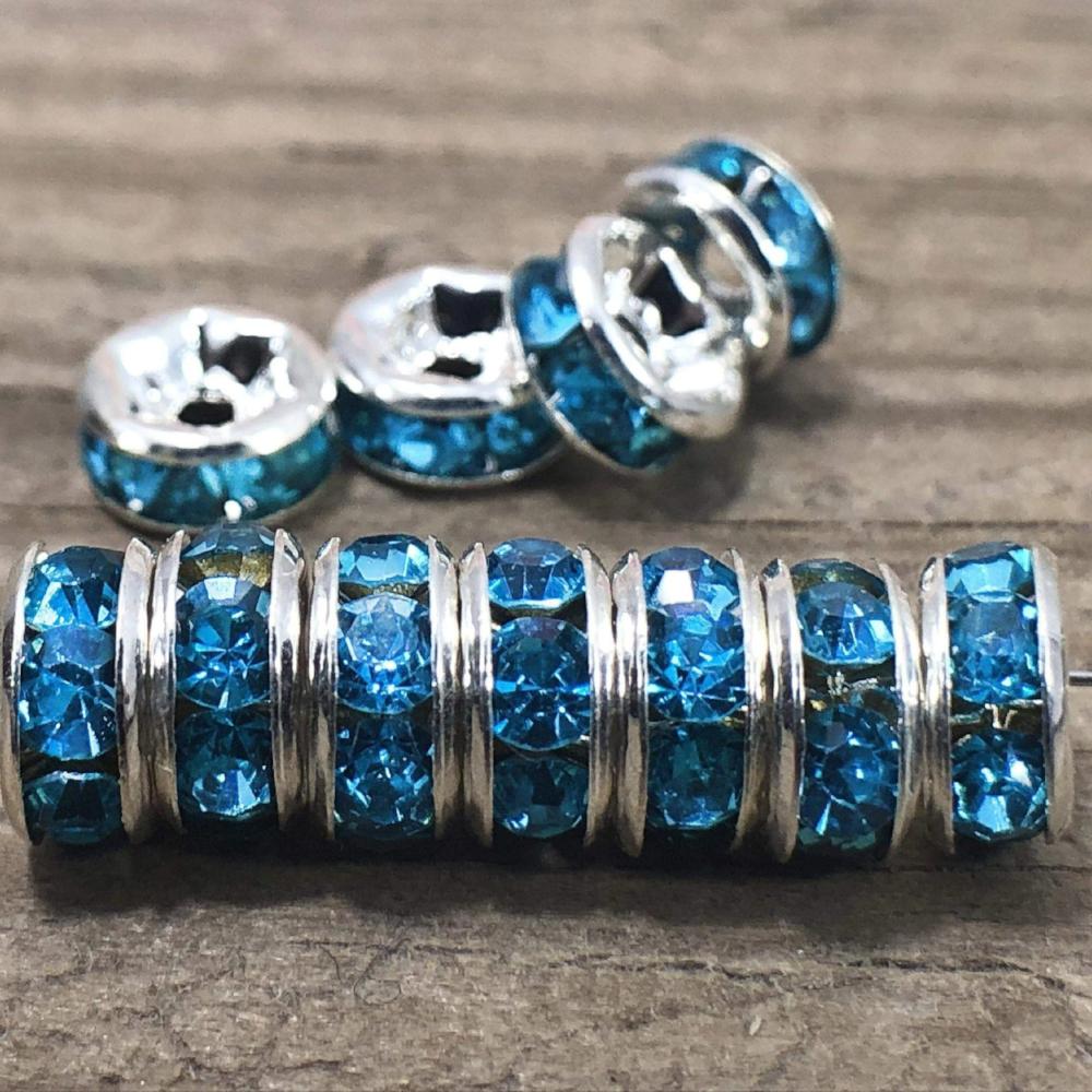 Aquamarine Czech Crystal Rhinestone Silver Rondelle Spacer Beads 100pcs 4mm 5mm 6mm 8mm 10mm beadig jewelry making, Craft Supplies, Findings