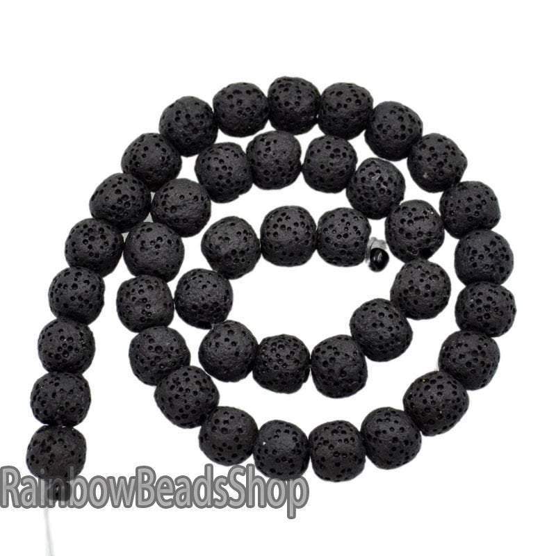 Black Lava Volcanic Beads, Natural Round Gemstone, 8-12mm, 15.5'' strand