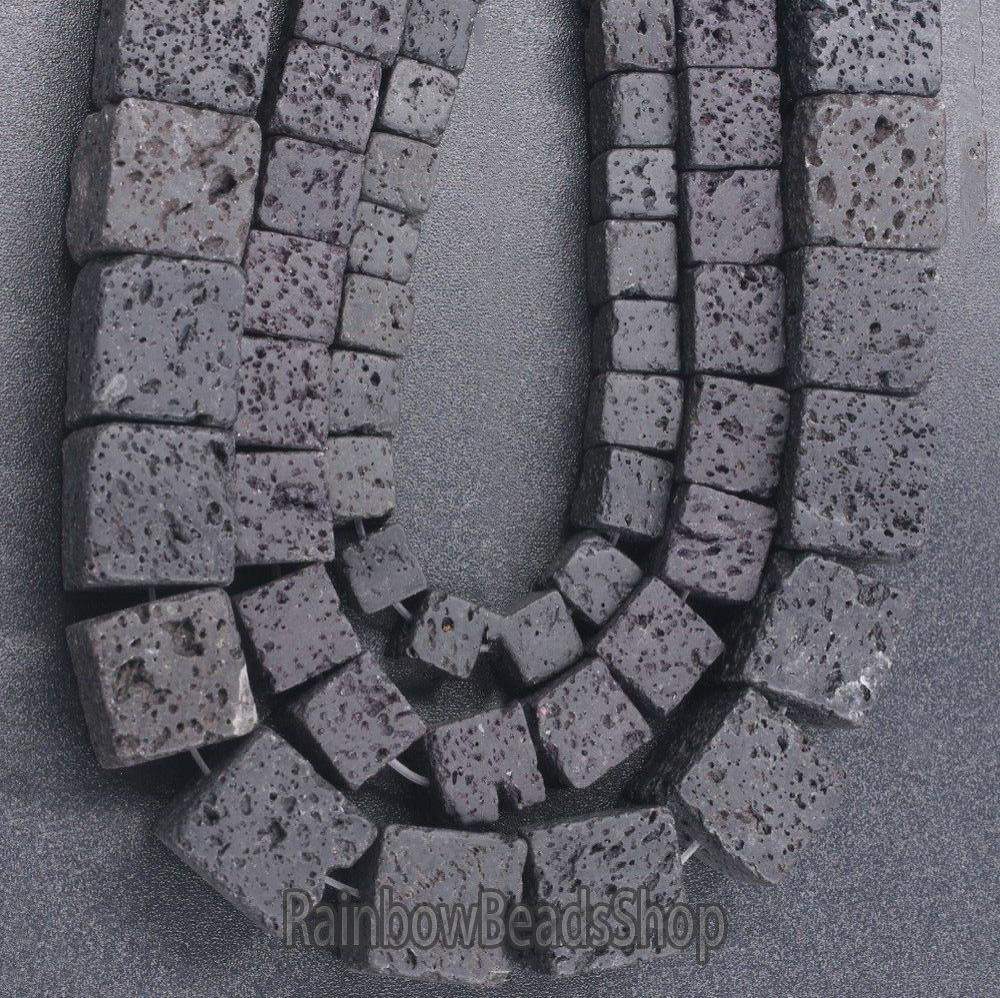 Black Square Cube Volcanic Lava Natural Loose Stone Jewelry Beads, 8-12mm, 15,5'' strand
