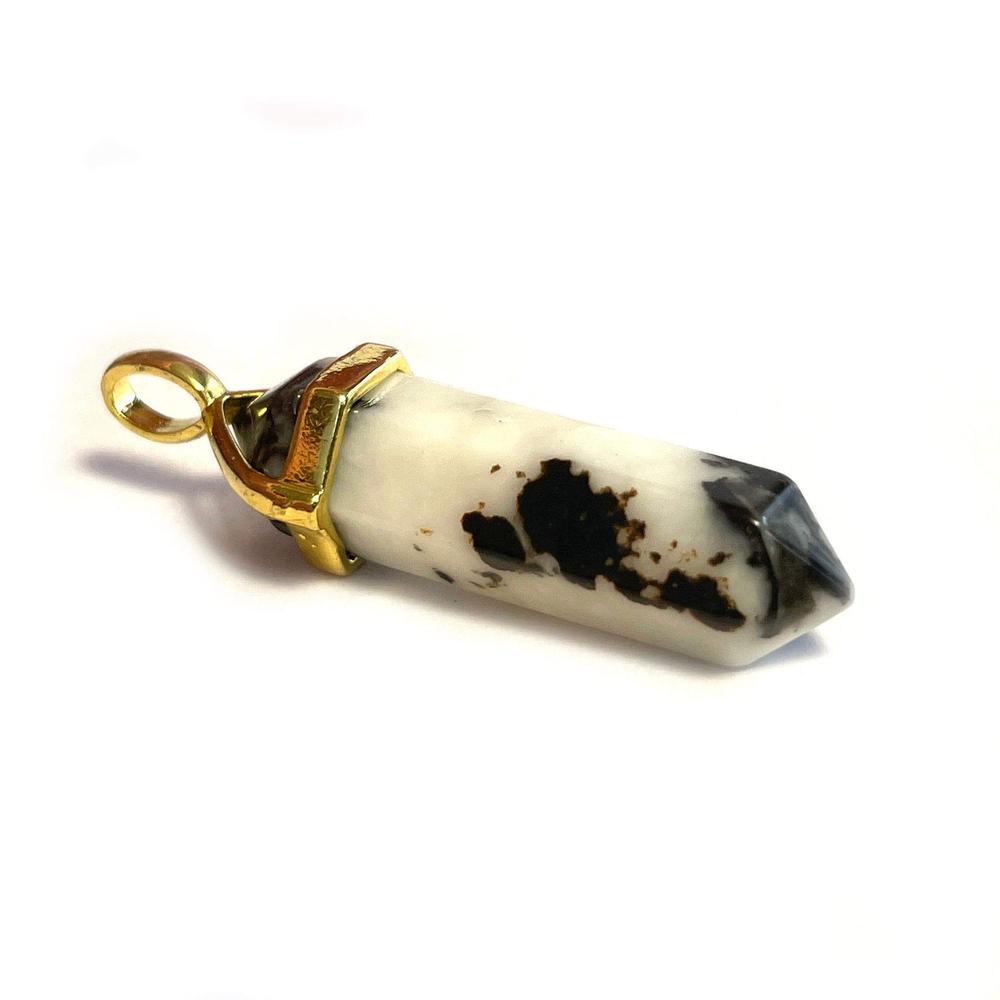 Black Whaite Zebra Jasper Hexagonal Pointed Gemstone Pendant, Gold Plated Brass, Crystal Healing Pendant, Boho Hippie Crystal
