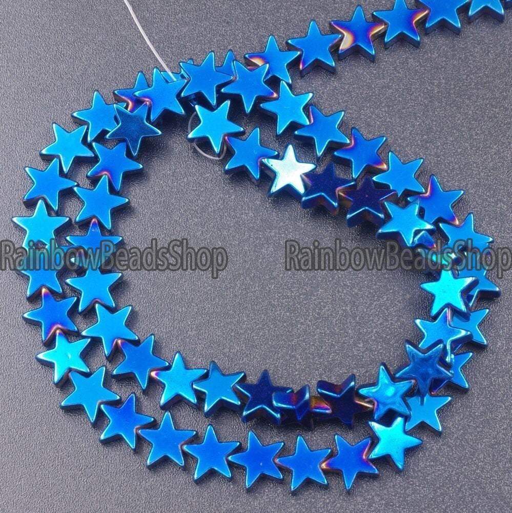 Blue Flat Star Hematite beads, 4- 10mm, 16'' strand