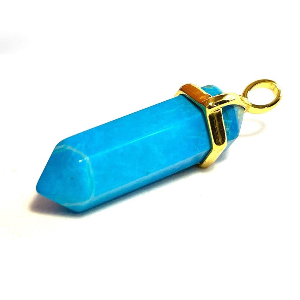 Blue Turquoise Hexagonal Pointed Gemstone Pendant, Gold Plated Brass, Crystal Healing Pendant, Boho Hippie Crystal