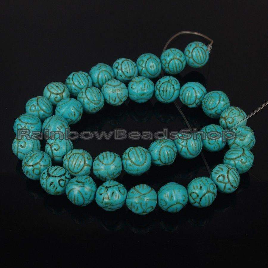 Carved Ball Blue Howlite Beads, 12-10mm, 16'' strand