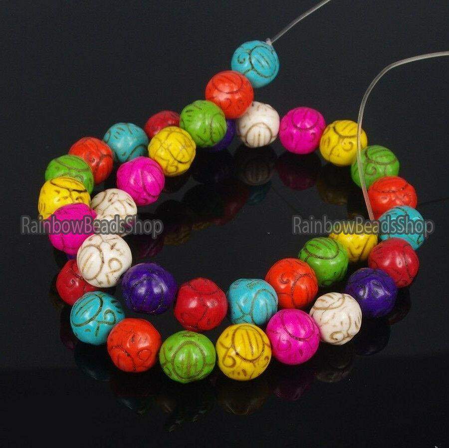 Carved Ball Howlite Beads, Mixed Color, 12-10mm, 16'' strand