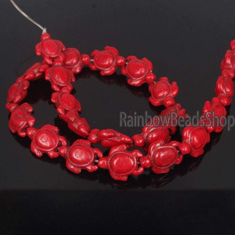 Carved Turtle Red Howlite beads, 14x17mm , 16'' strand