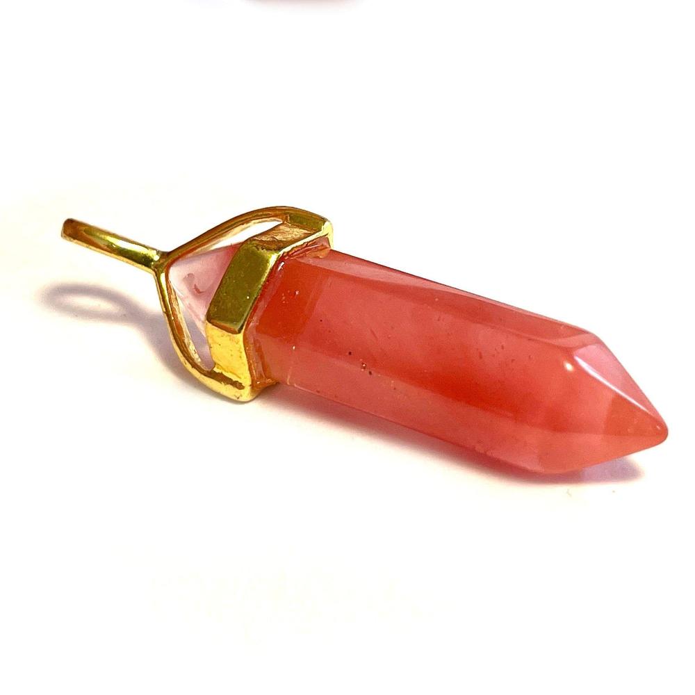 Cherry Quartz Hexagonal Pointed Gemstone Pendant, Gold Plated Brass, Crystal Healing Pendant, Boho Hippie Crystal