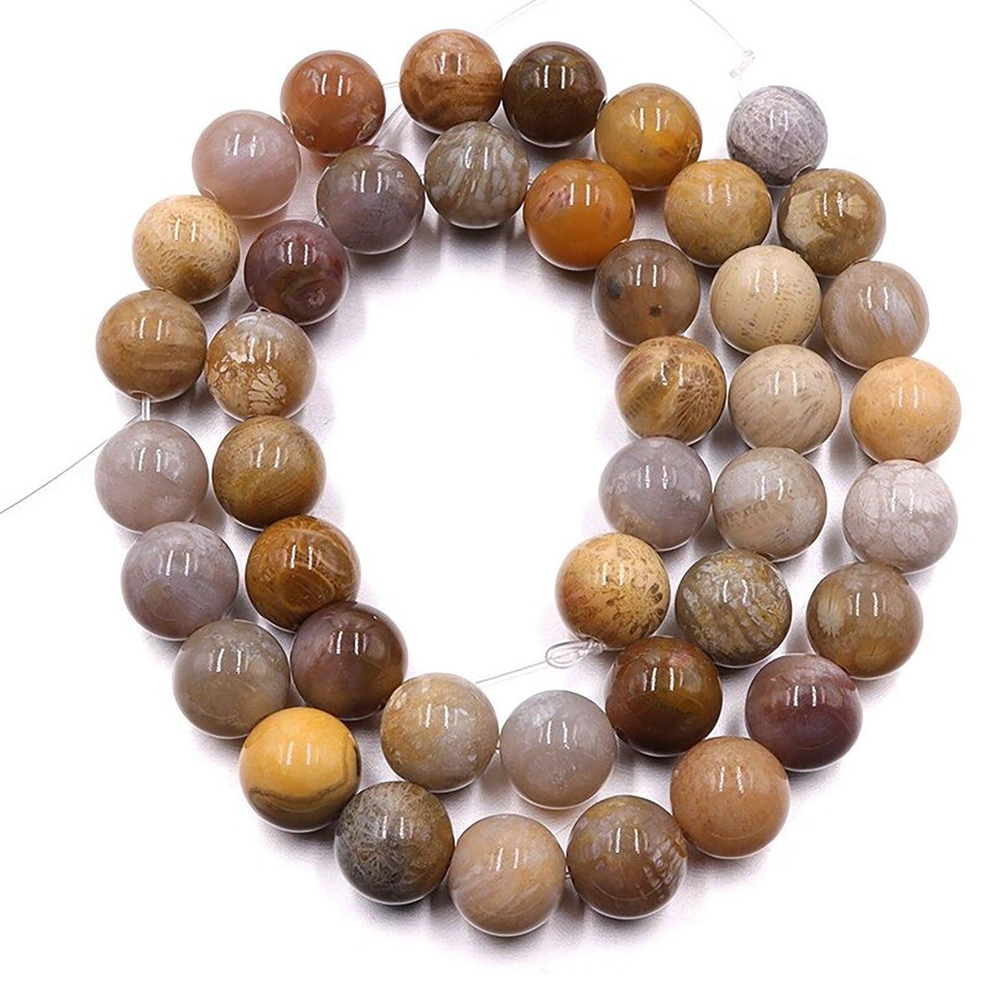 Chrysanthemum Fossil Coral Stone Beads, Round, 15.5'' inch strand