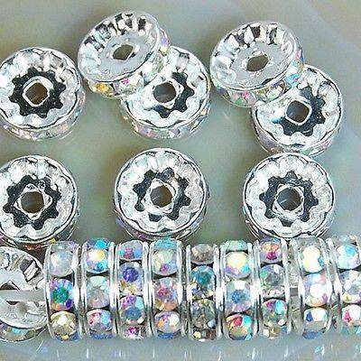 Clear AB Czech Crystal Rhinestone Silver Rondelle Spacer Beads, 100pcs 4mm 5mm 6mm 8mm 10mm, beadig, jewelry making Craft Supplies, Findings
