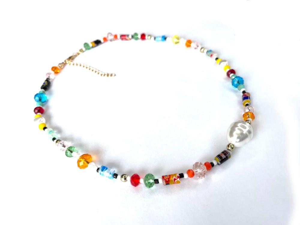 Colorful chamomile flowers Evil Eye Pearl Beaded Necklace, Transparent Mixed glass seed clay beads Choker, Indie Boho Trendy Summer Necklace