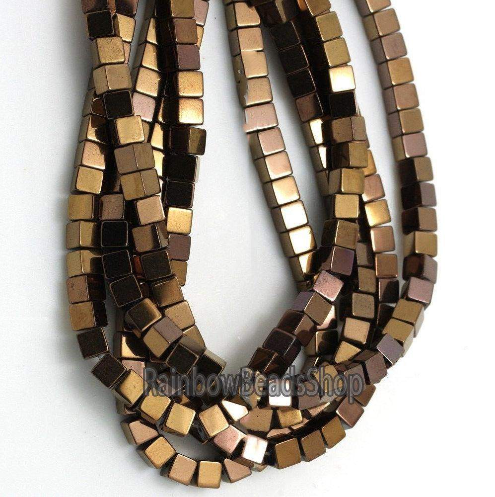 Copper Hematite Square Cube Metallic Beads, 2-4mm, 16'' strand