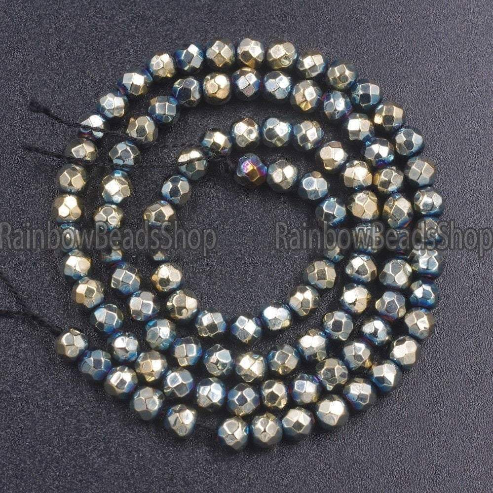 Faceted Metalic Green Pyrite Color Hematite Beads, 16'' strand