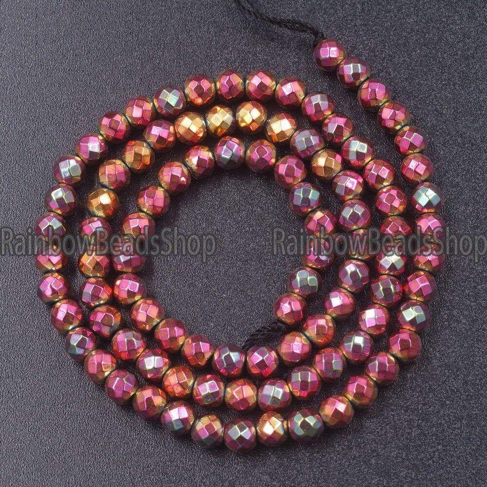 Faceted Metalic Rose Pink Hematite Metalic, Round, 16'' strand