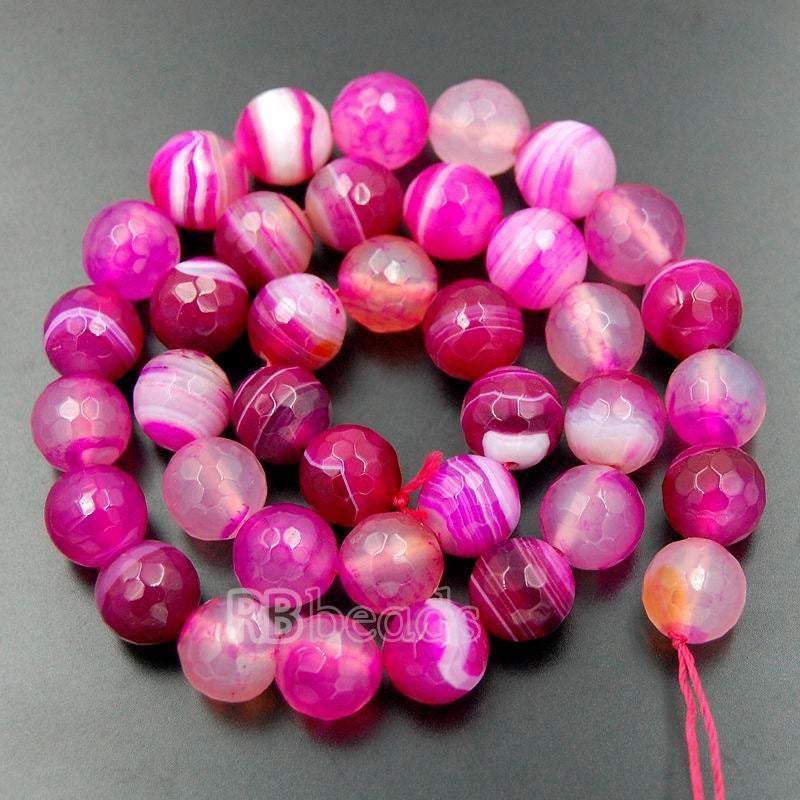 Faceted Pink Magenta Stripe Banded Agate Beads, 6-10mm Round, 15.5 str