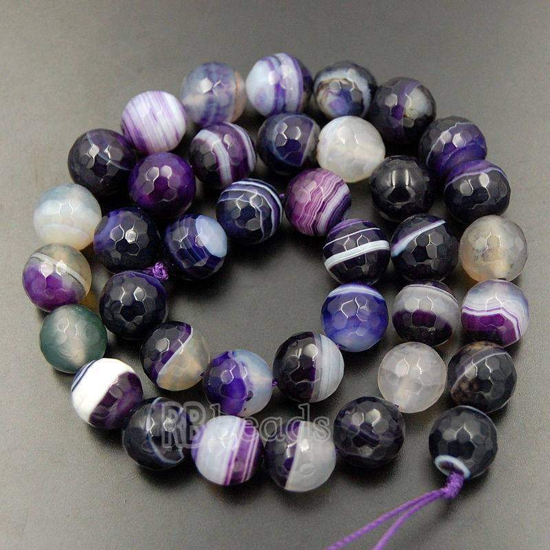 Faceted Purple Stripe Banded Agate Beads, 4-10mm Round, 15.5 strand