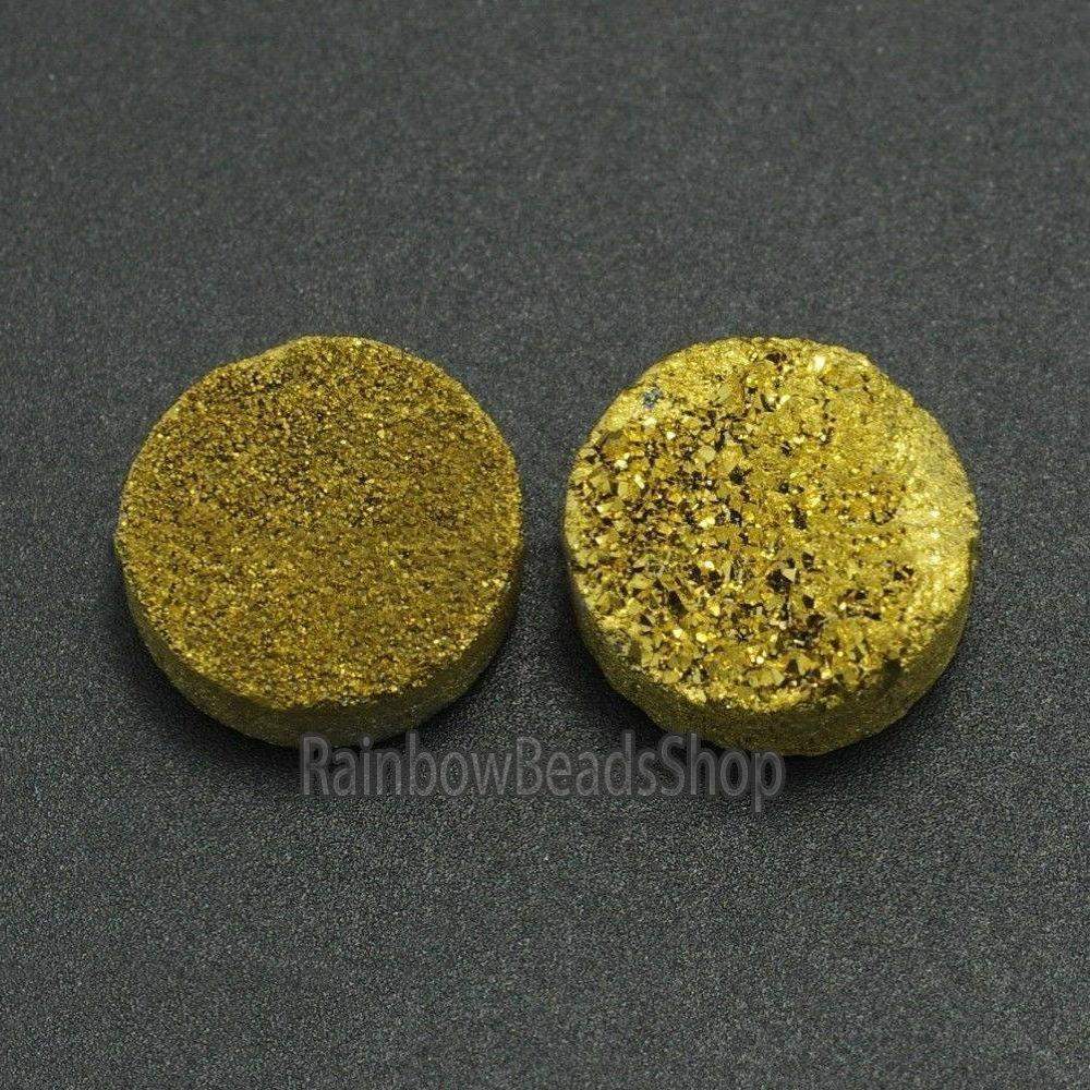 Flat Back Gold Druzy Quartz Agate Connector Cabochon, 2Pcs - 6-20mm