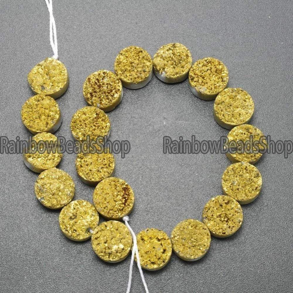 Flat Back Gold Druzy Quartz Agate Connector Cabochon, Side Drilled