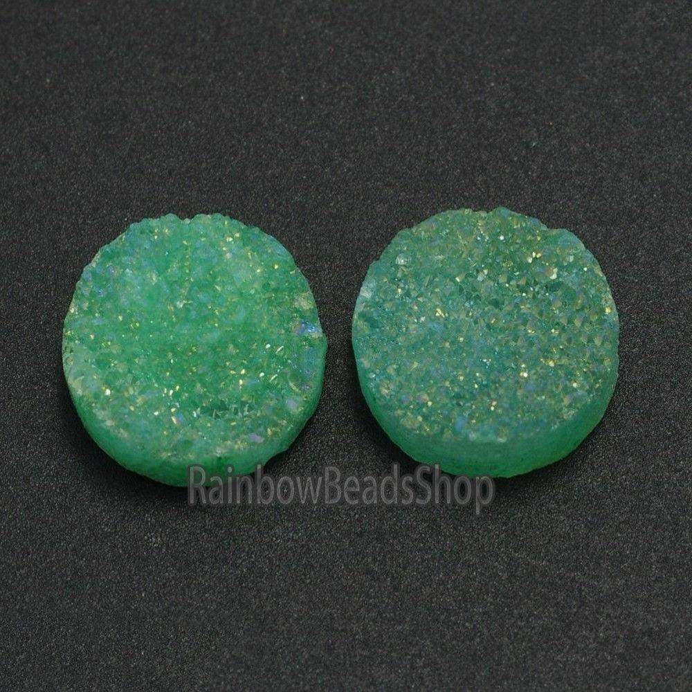 Flat Back Green AB Druzy Quartz Agate Connector Cabochon, 2Pcs 6-20mm