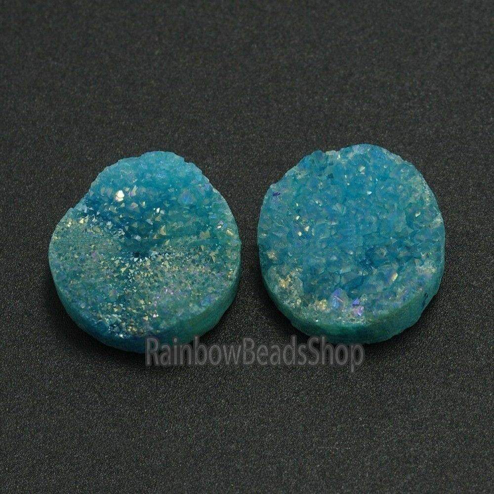 Flat Back Turquoise Druzy Quartz Agate Connector Cabochon, 2Pcs 6-20mm