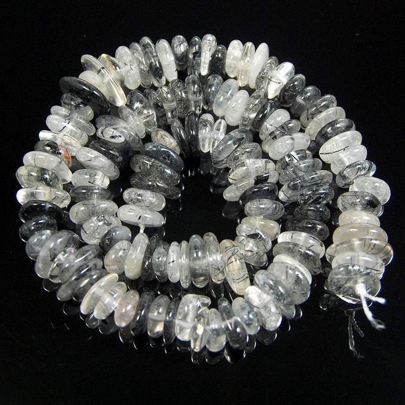 gem Natural Tourmaline Rutilated Quartz Freeform Rondelle Disk Beads, Spacer Loose Stone beads, Jewelry beads 3-5x8-13mm, 15'' strand