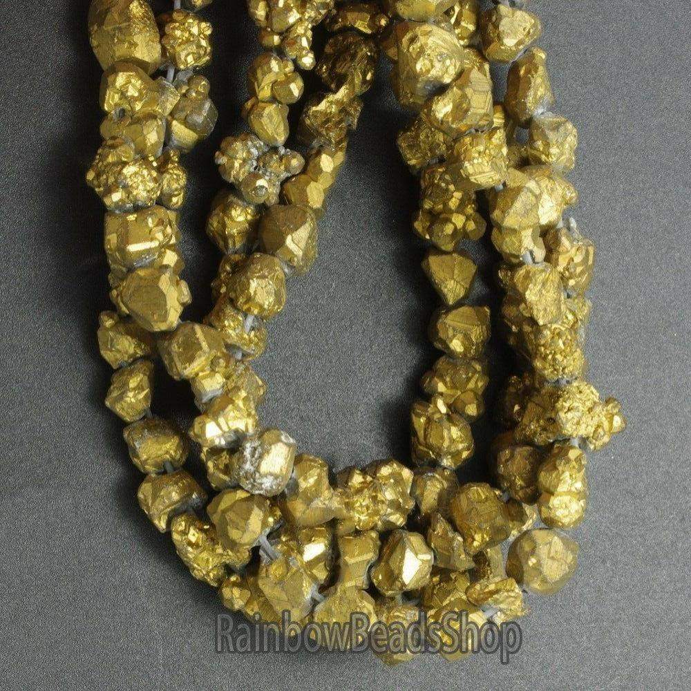Gold Quartz Crystal Druzy Chip Nugget Stone Loose Beads, Titanium Coated 7-8mm