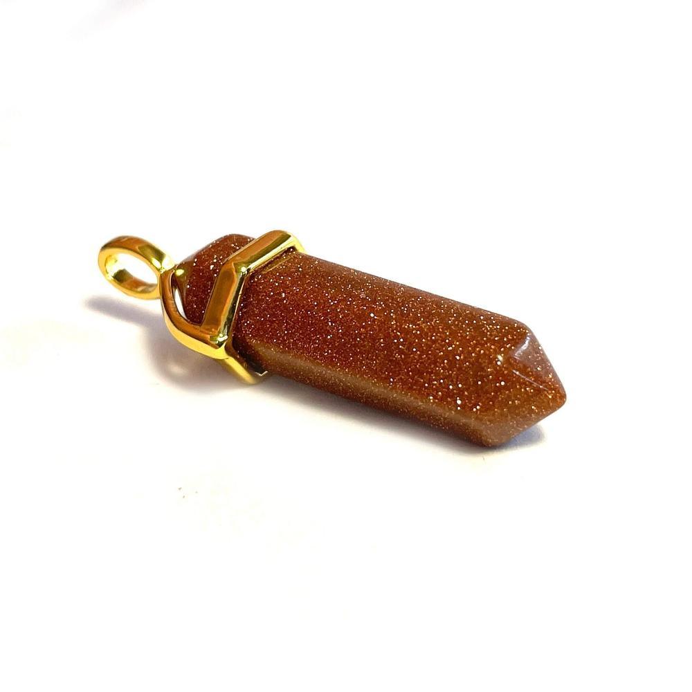 Gold sand aventurine Hexagonal Pointed Gemstone Pendant, Gold Plated Brass, Crystal Healing Pendant, Boho Hippie Crystal