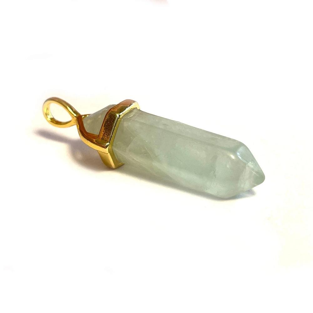 Green Fluorite Hexagonal Pointed Gemstone Pendant, Gold Plated Brass, Crystal Healing Pendant, Boho Hippie Crystal