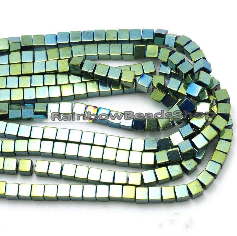 Green Hematite Square Cube Metallic Beads, 2-4mm, 16'' strand