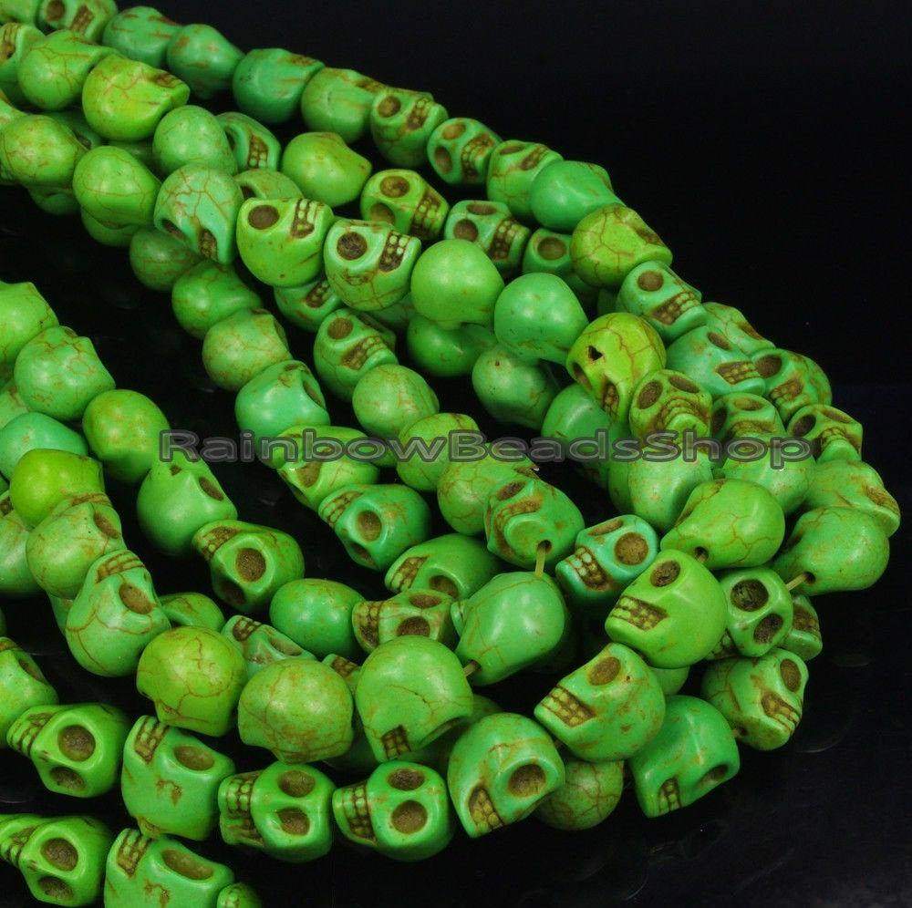 Green Howlite Skull Beads, 12x13mm, 16'' strand