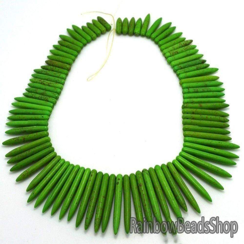 Green Howlite Stick Spike Beads, 20x48mm, 16'' strand