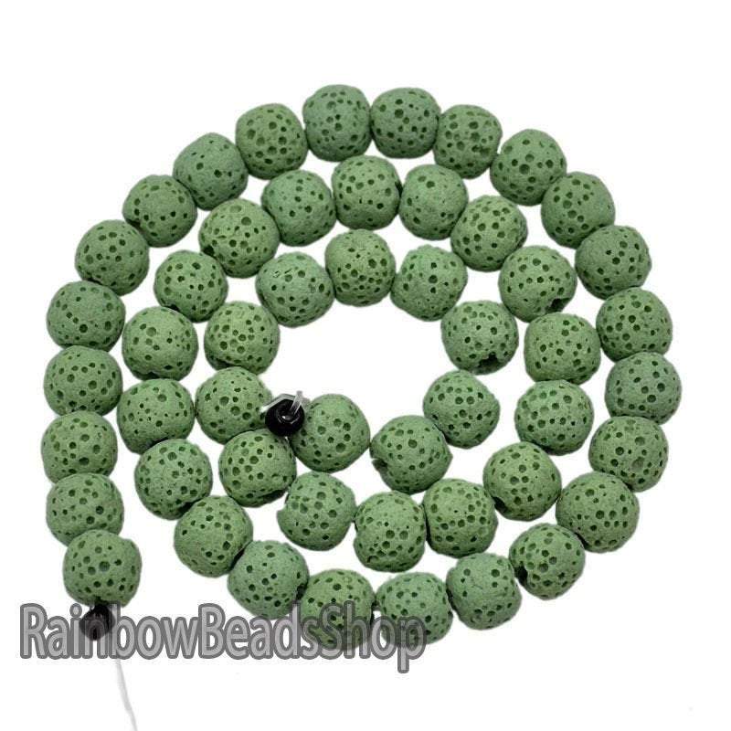 Green Lava Volcanic Beads, Natural Round Gemstone, 8-12mm, 15.5'' strand