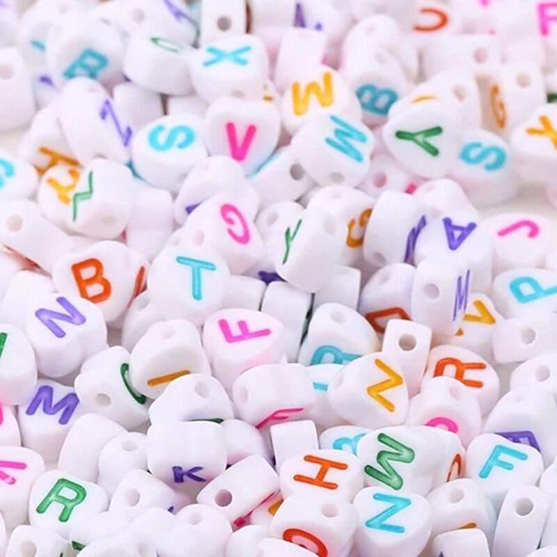 Heart ABC Letter Beads, 7mm A-Z Multi Coloured Mixed Carved Acrylic Letter Beads, 100pcs