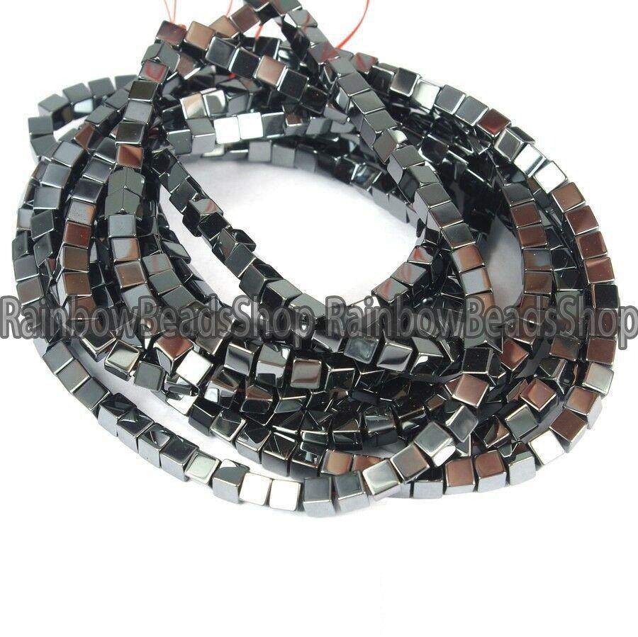 Jet Black Hematite Square Cube Metallic Beads, 2-10mm, 16'' strand