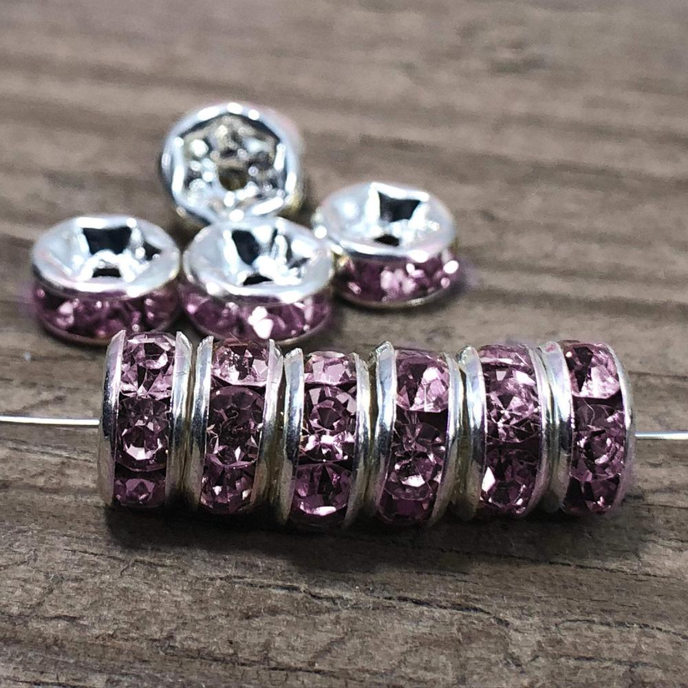 Light Amethyst Czech Crystal Rhinestone Silver Rondelle Beads, 100pcs 4mm 5mm 6mm 8mm 10mm, beadig jewelry making Craft Supplies, Findings