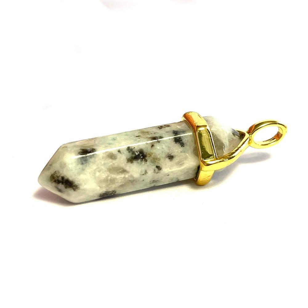 Lotus Kiwi Jasper Hexagonal Pointed Gemstone Pendant, Gold Plated Brass, Crystal Healing Pendant, Boho Hippie Crystal