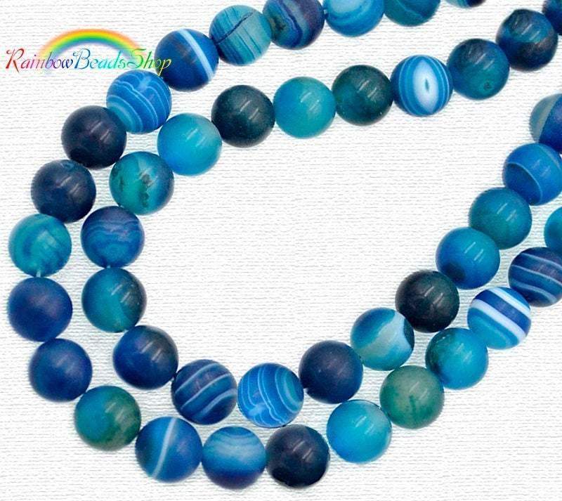 Matte Frosted Stripe Blue Agate Beads, Round 6-12mm, 15'' strand