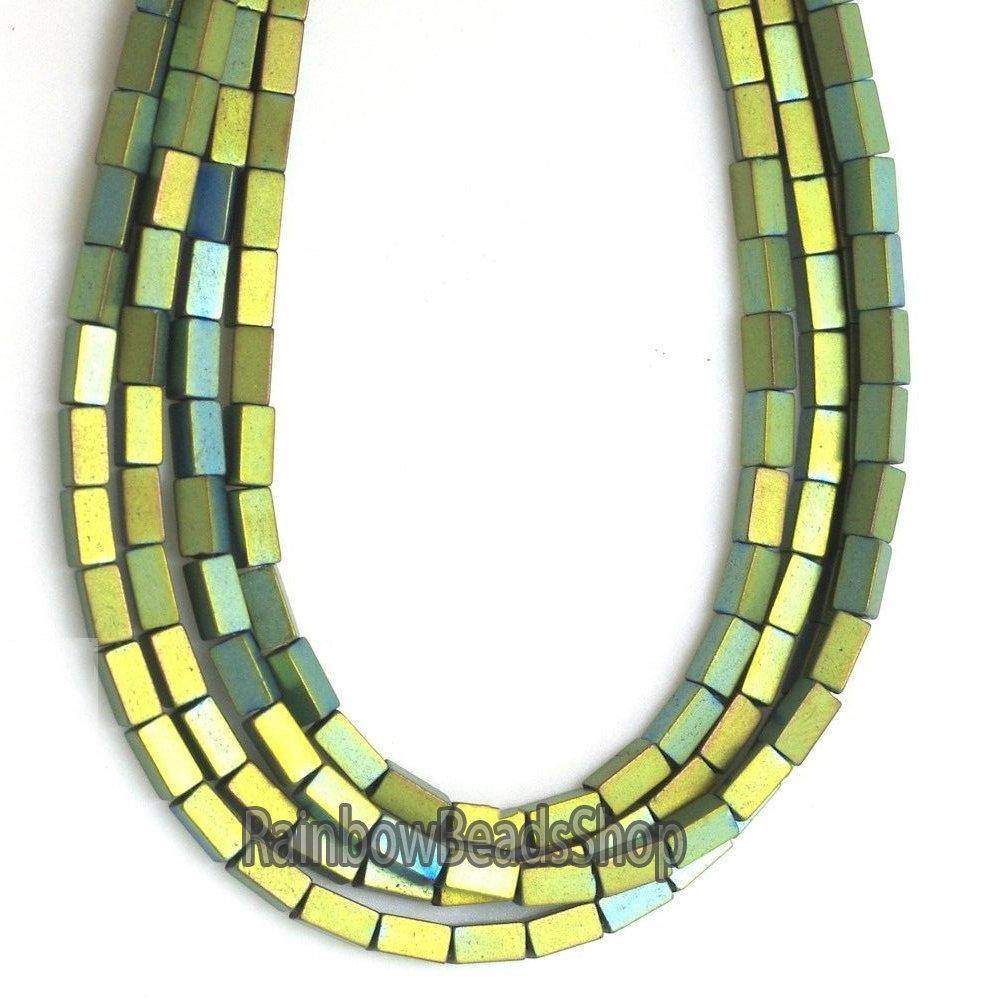 Matte green hematite rectangle bead 2x4mm, 16'' inch. strand