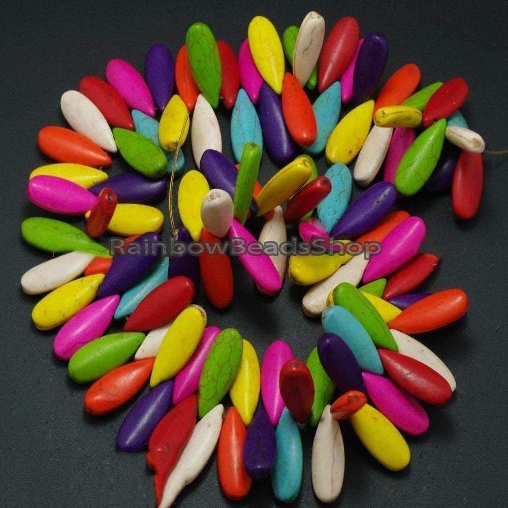 Mixed Color Teardrop Howlite Beads, 10x24mm Top Drilled, 16'' strand