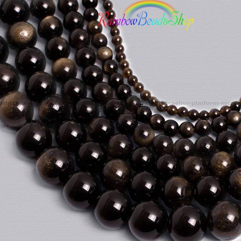 Natural Black Golden Obsidian beads, Round Gemstone, 4-18mm, 15.5''' strand