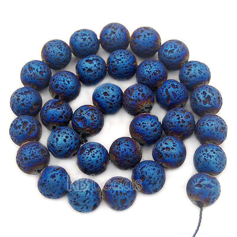 Natural Blue Volcanic Lava Beads Titanium Coated, 4-12mm Stone Round Jewelry Gemstone, 15.5'' strand