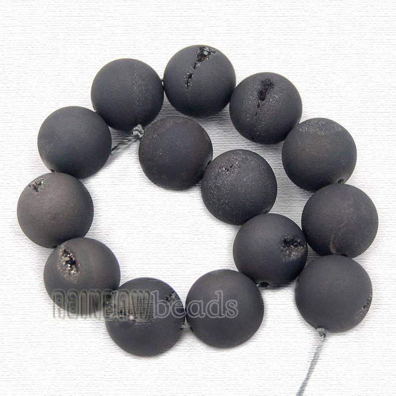 Natural Dark Grey Druzy Agate Beads, Round, 8-14mm, 15.5'' inch strand