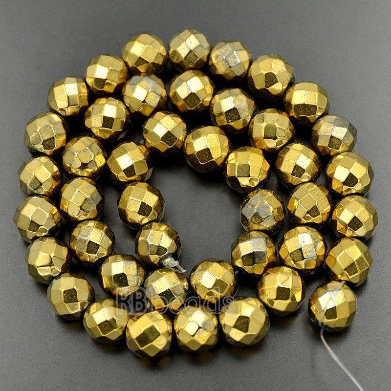 Natural Faceted Gold Hematite Beads, Round, 15.5''' full strand