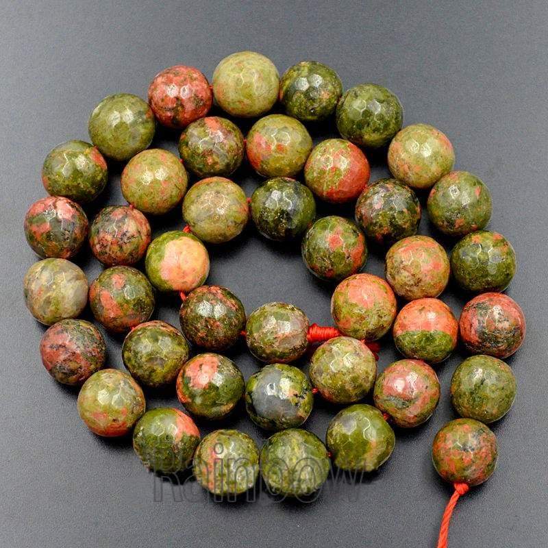 Natural Faceted Green Red Unakite beads, Round Gemstone 4-10mm, 15.5 strand