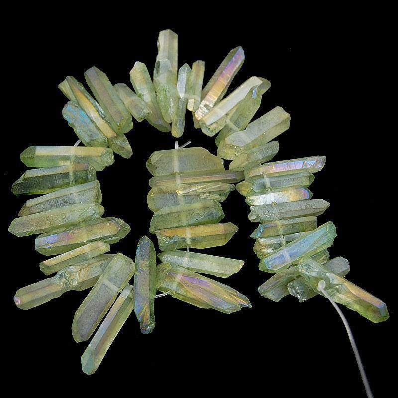 Natural Green AB Druzy Quartz spike Titanium Coated Stick beads, 15.5 strand